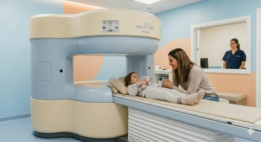 Fotografia de uma criança deitada confortavelmente na mesa de exame de uma máquina de ressonância magnética aberta Hitachi Airis Elite, segurando um brinquedo de pelúcia, enquanto sua mãe sorri para ela e segura sua mão. Uma técnica de radiologia observa da janela de controle. O ambiente é acolhedor, com paredes coloridas em azul e pêssego.