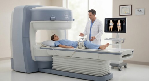 Paciente sorridente a realizar exame de ressonância magnética aberta num equipamento Hitachi AIRIS Elite da REMA Aberta em Alverca, com foco numa lesão no joelho.