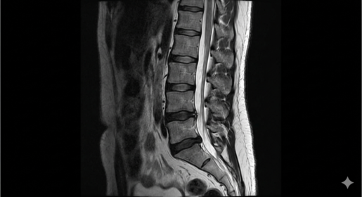 Ressonância magnética da coluna lombar evidenciando discos intervertebrais e canal medular.