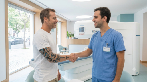Paciente com tatuagem no braço conversa com profissional de saúde antes de fazer ressonância magnética aberta.