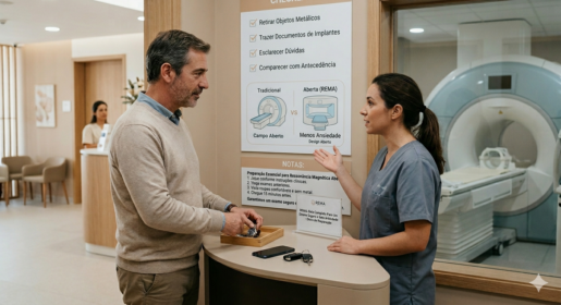 Paciente a retirar objetos metálicos antes do exame, conversando com técnica de radiologia junto a painel informativo sobre a preparação para ressonância magnética aberta na clínica REMA em Alverca.