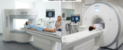 Imagem comparativa lado a lado mostrando uma máquina de ressonância magnética aberta com paciente confortável e uma máquina de ressonância magnética fechada tradicional.