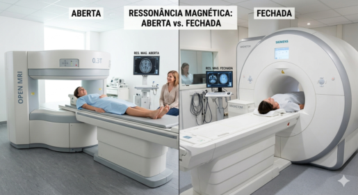 Imagem comparativa lado a lado mostrando uma máquina de ressonância magnética aberta com paciente confortável e uma máquina de ressonância magnética fechada tradicional.