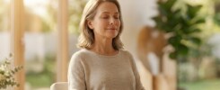 Pessoa de olhos fechados a praticar meditação e respiração para relaxar antes de fazer uma ressonância magnética.