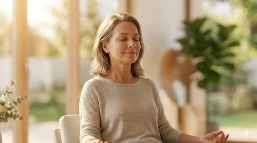 Pessoa de olhos fechados a praticar meditação e respiração para relaxar antes de fazer uma ressonância magnética.